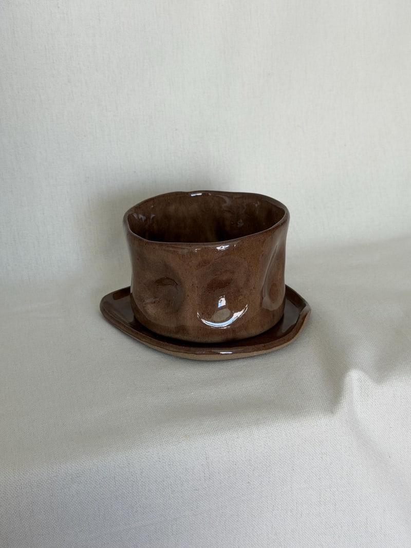 Crush gloss cup and saucer, a handbuilt ceramic set, 10 oz