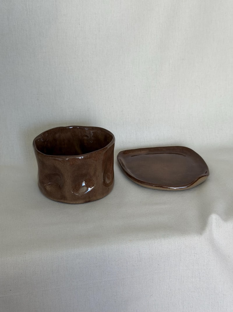 Crush gloss cup and saucer, a handbuilt ceramic set, 10 oz