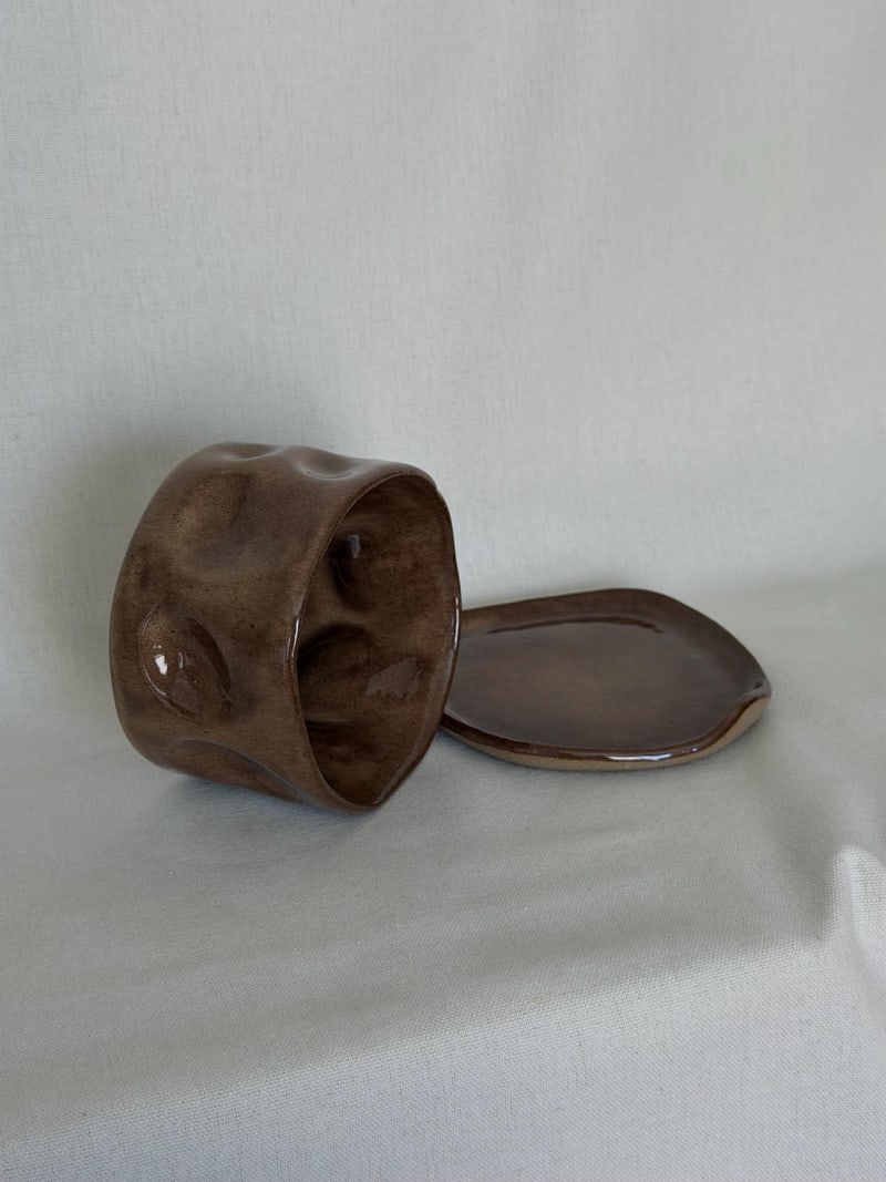 Crush gloss cup and saucer, a handbuilt ceramic set, 10 oz