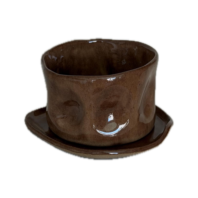 Crush gloss cup and saucer, a handbuilt ceramic set, 10 oz