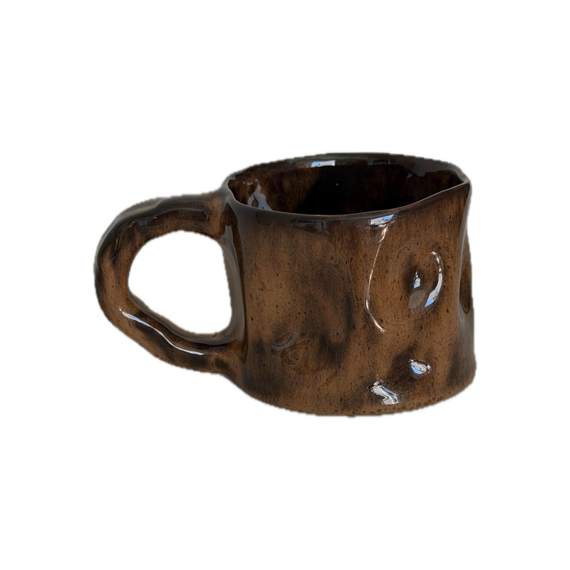 Ear handle mug, mottled, a handbuilt ceramic mug with a mottled brown glaze and one flat pressed handle, 11 oz