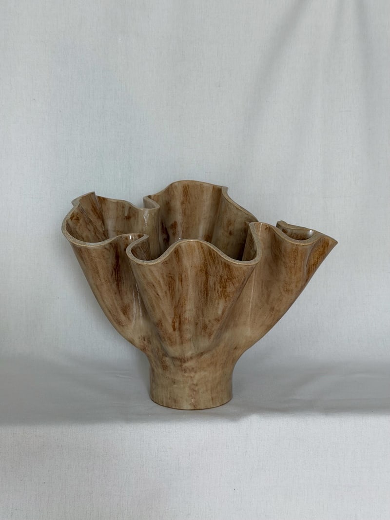 Frill vessel, a handbuilt ceramic vase with a waved rim under a warm glaze, 11 in tall