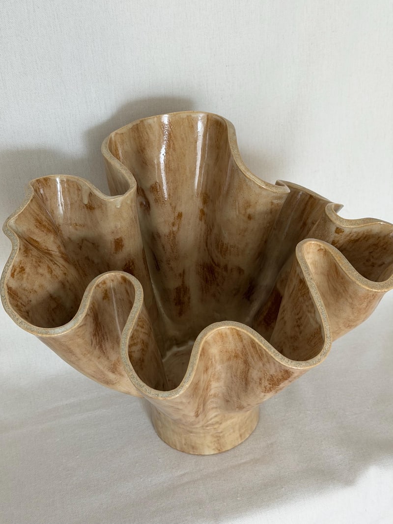 Frill vessel, a handbuilt ceramic vase with a waved rim under a warm glaze, 11 in tall