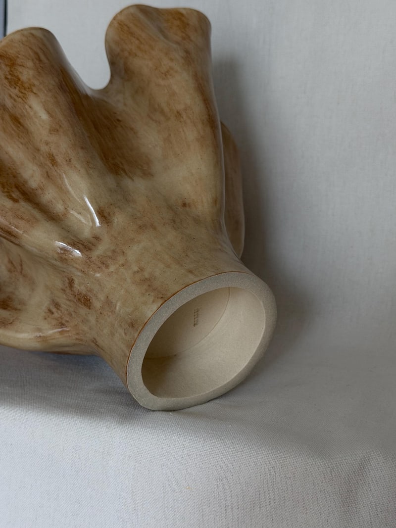 Frill vessel, a handbuilt ceramic vase with a waved rim under a warm glaze, 11 in tall