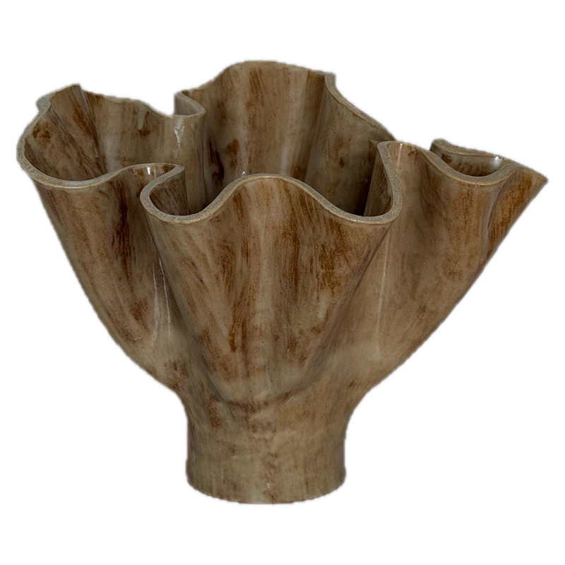Frill vessel, a handbuilt ceramic vase with a waved rim under a warm glaze, 11 in tall