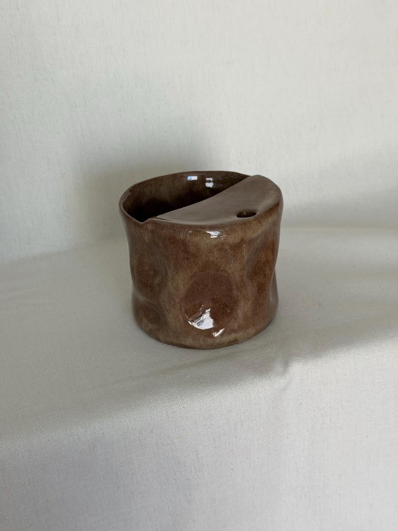 Straw cup, brown gloss, a handbuilt ceramic cup, 11 oz