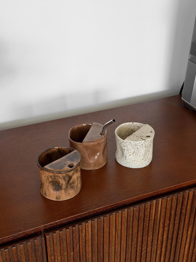 Straw cup, brown gloss, a handbuilt ceramic cup, 11 oz