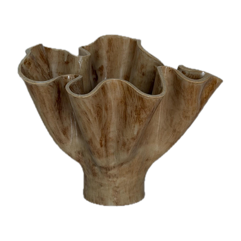 Frill vessel, a handbuilt ceramic vase with a waved rim under a warm glaze, 11 in tall