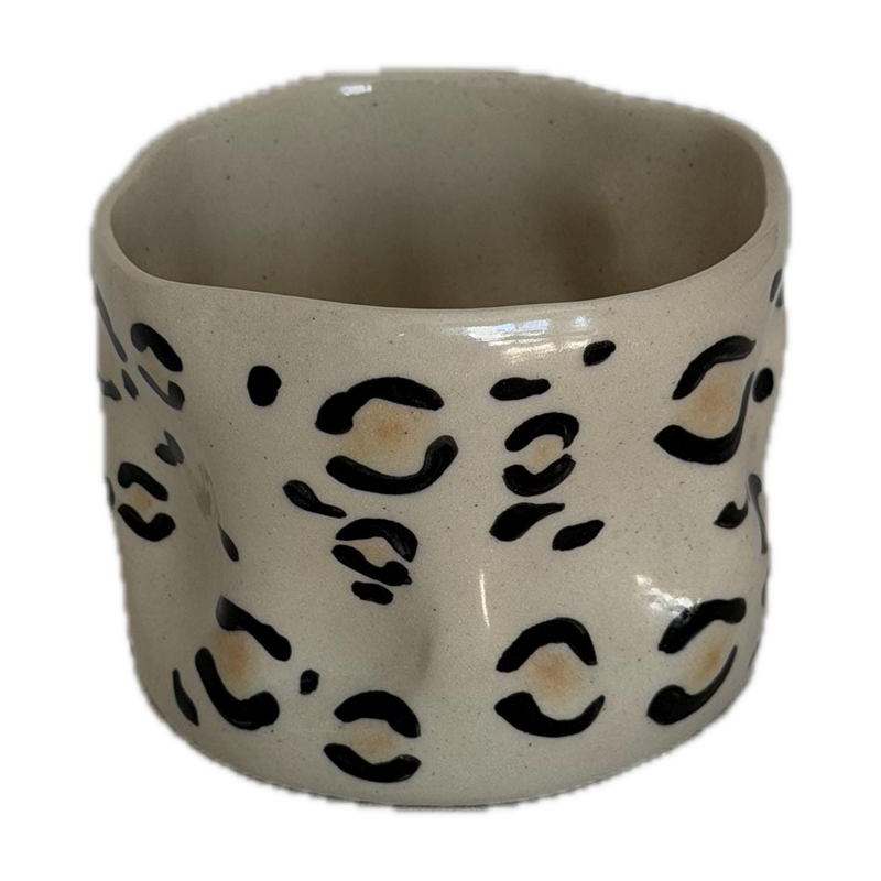 Ink marks cup III, a handbuilt ceramic cup with dark brushed marks under a clear gloss, 11 oz