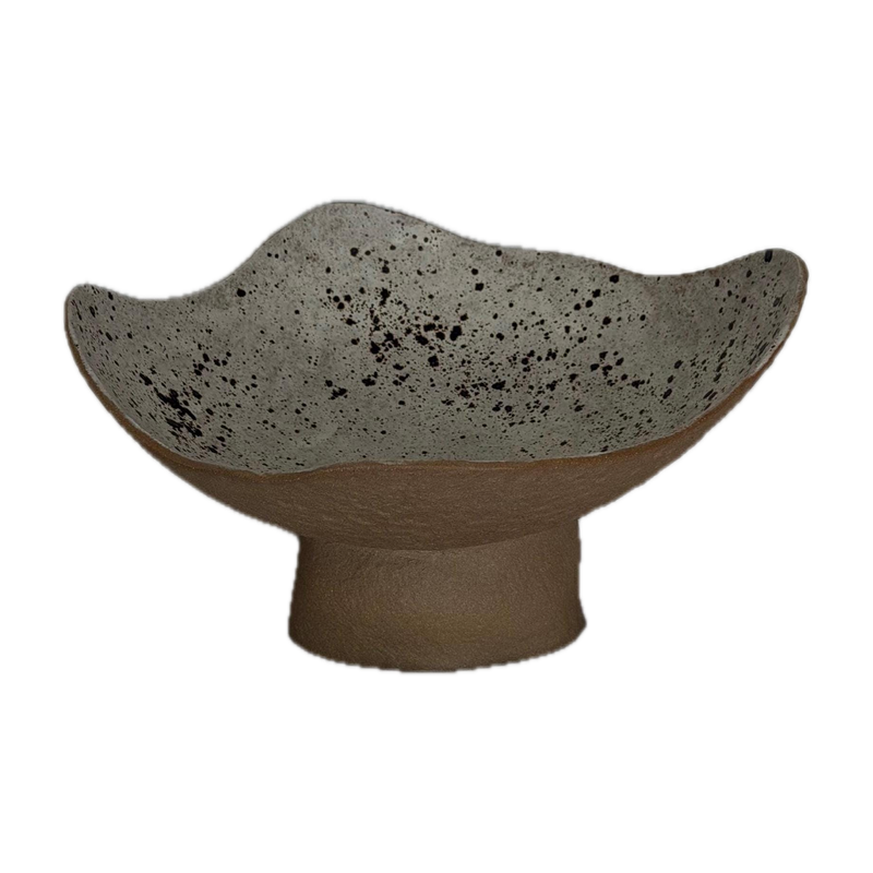 Pedestal bowl, speckled, a handbuilt ceramic bowl with a speckled glaze on a footed base