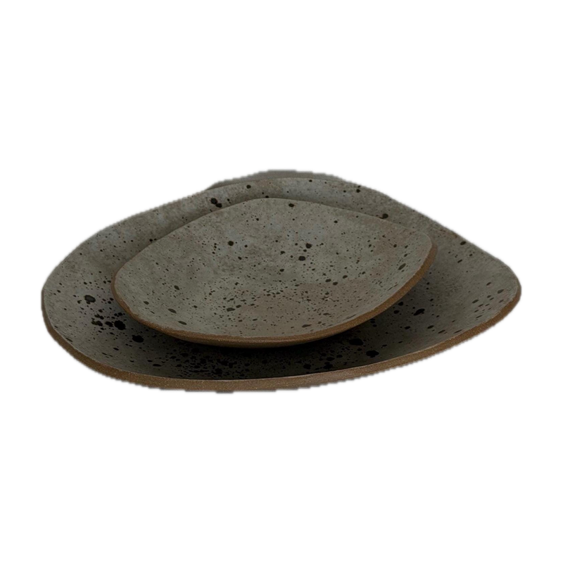Plate set of two, handbuilt ceramic plates with a speckled glaze, 8.5 x 7.5 in and 6 x 5.5 in