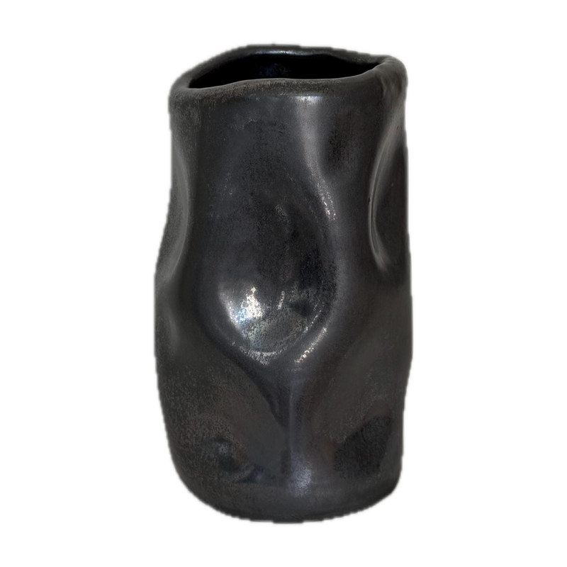 Platinum effect vase, a handbuilt ceramic vessel with a metallic platinum glaze, 9 in tall