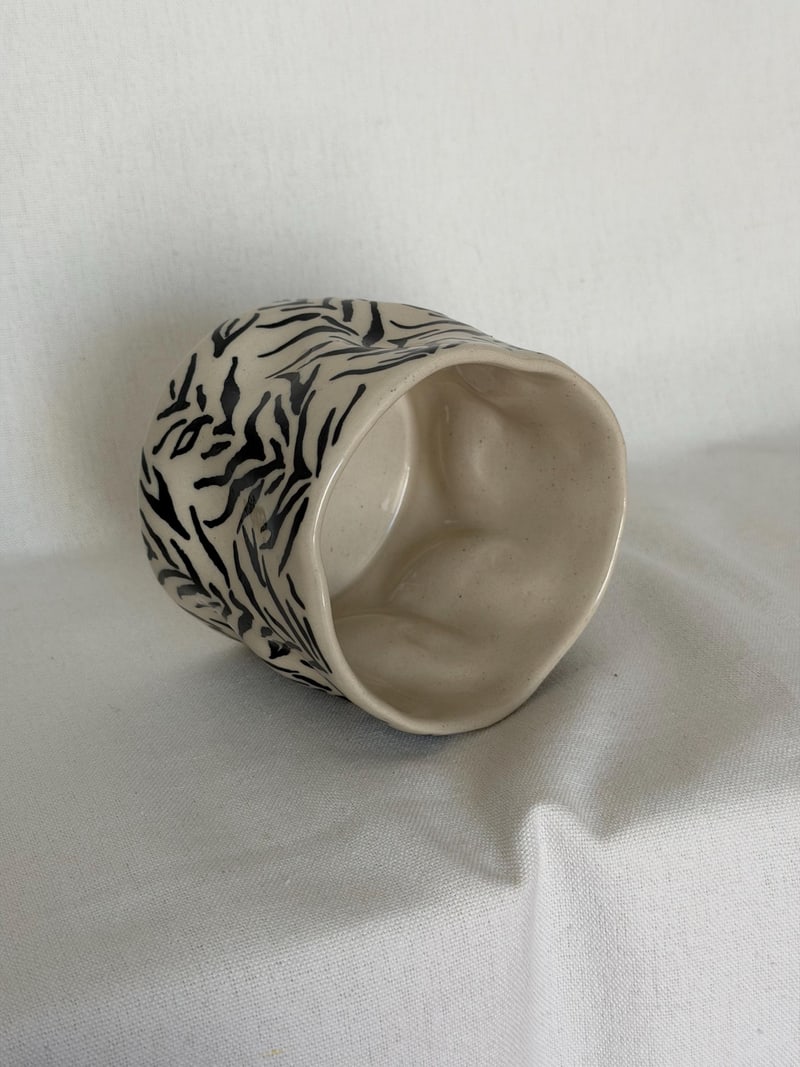 Ink marks cup II, a handbuilt ceramic cup, 11 oz