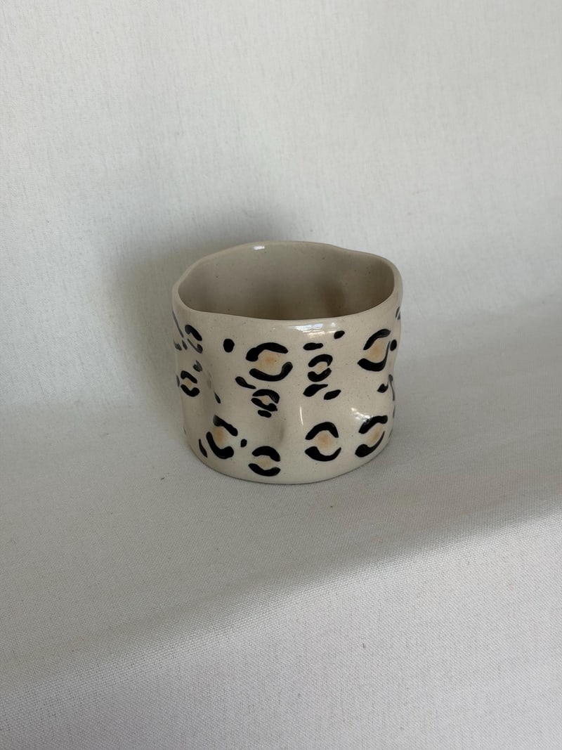 Ink marks cup III, a handbuilt ceramic cup with dark brushed marks under a clear gloss, 11 oz