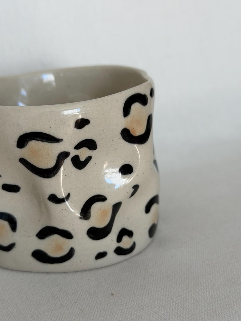 Ink marks cup III, a handbuilt ceramic cup with dark brushed marks under a clear gloss, 11 oz