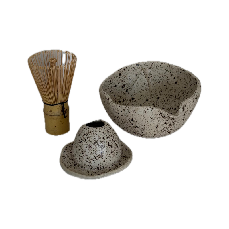 Matcha set II, a handbuilt speckled ceramic bowl with a bamboo whisk and a whisk rest