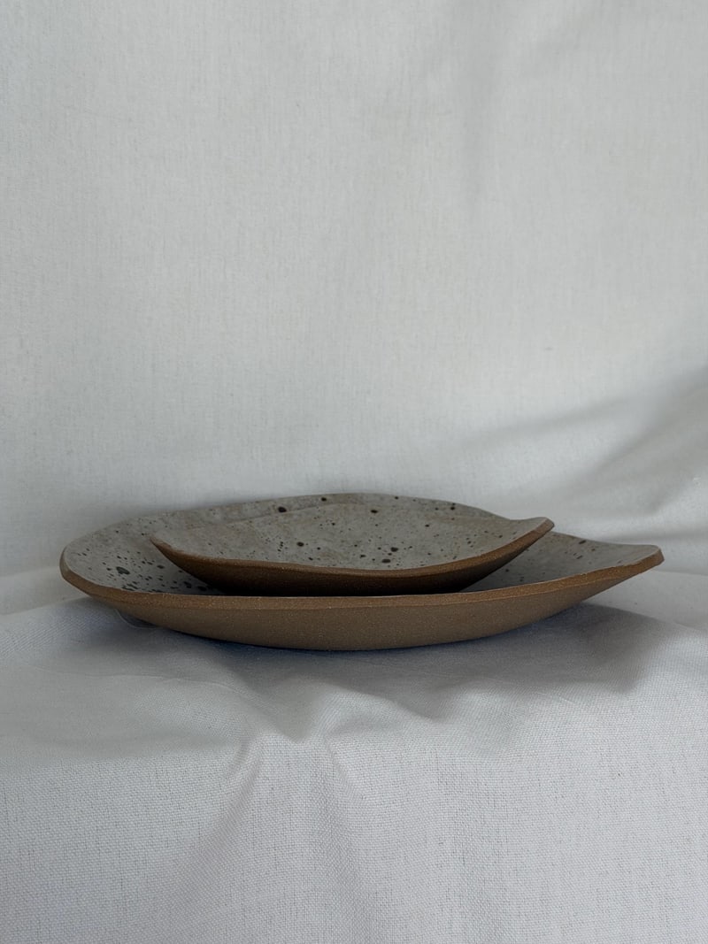 Plate set of two, handbuilt ceramic plates with a speckled glaze, 8.5 x 7.5 in and 6 x 5.5 in