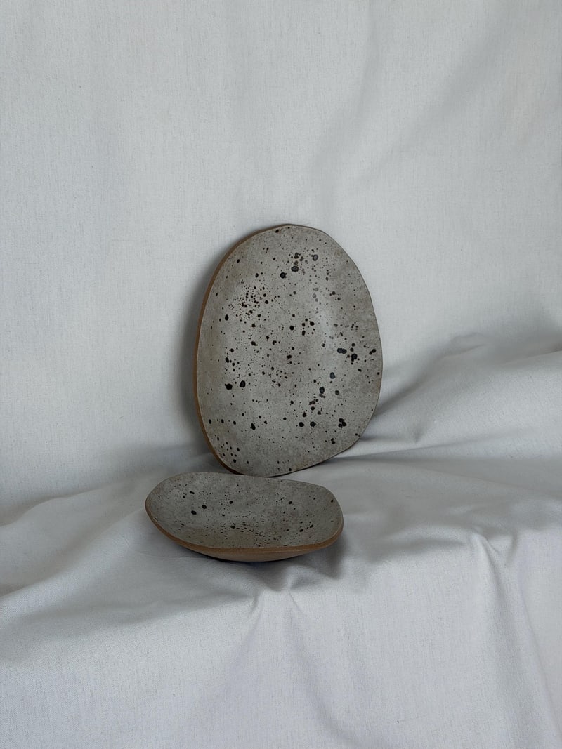 Plate set of two, handbuilt ceramic plates with a speckled glaze, 8.5 x 7.5 in and 6 x 5.5 in