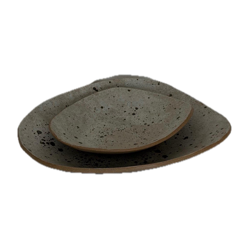 Plate set of two, handbuilt ceramic plates with a speckled glaze, 8.5 x 7.5 in and 6 x 5.5 in