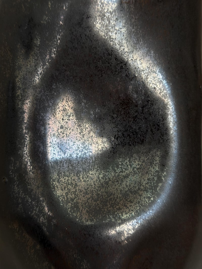 Platinum effect vase, a handbuilt ceramic vessel with a metallic platinum glaze, 9 in tall