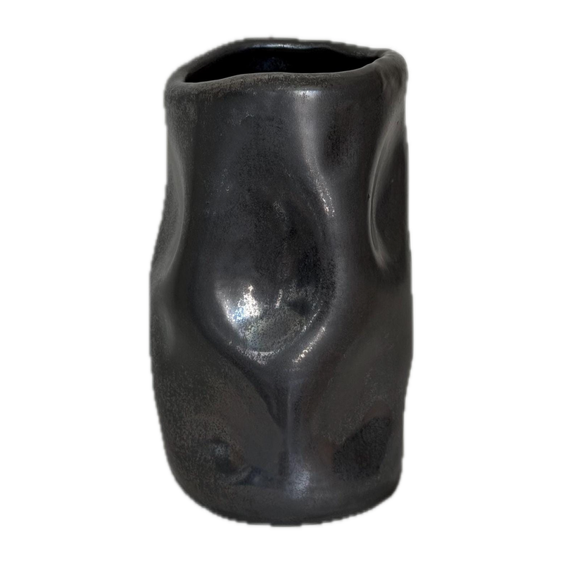 Platinum effect vase, a handbuilt ceramic vessel with a metallic platinum glaze, 9 in tall
