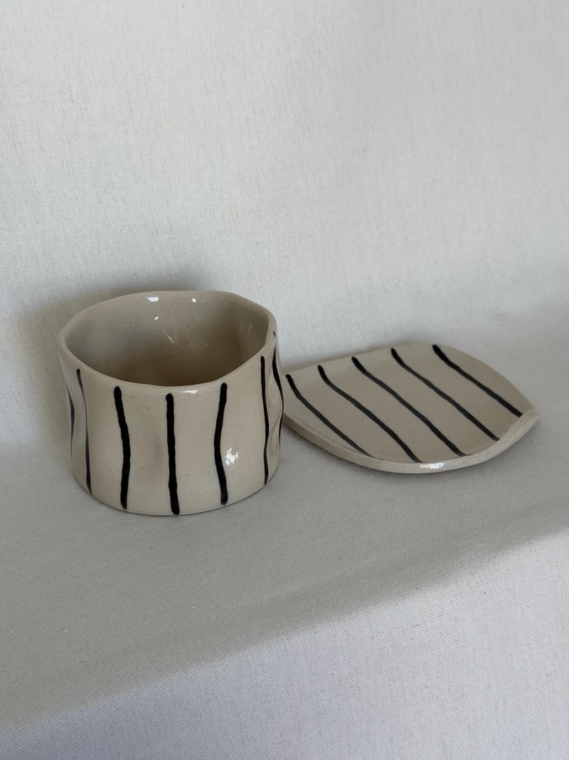 Striped coffee cup, a handbuilt ceramic cup, 10 oz