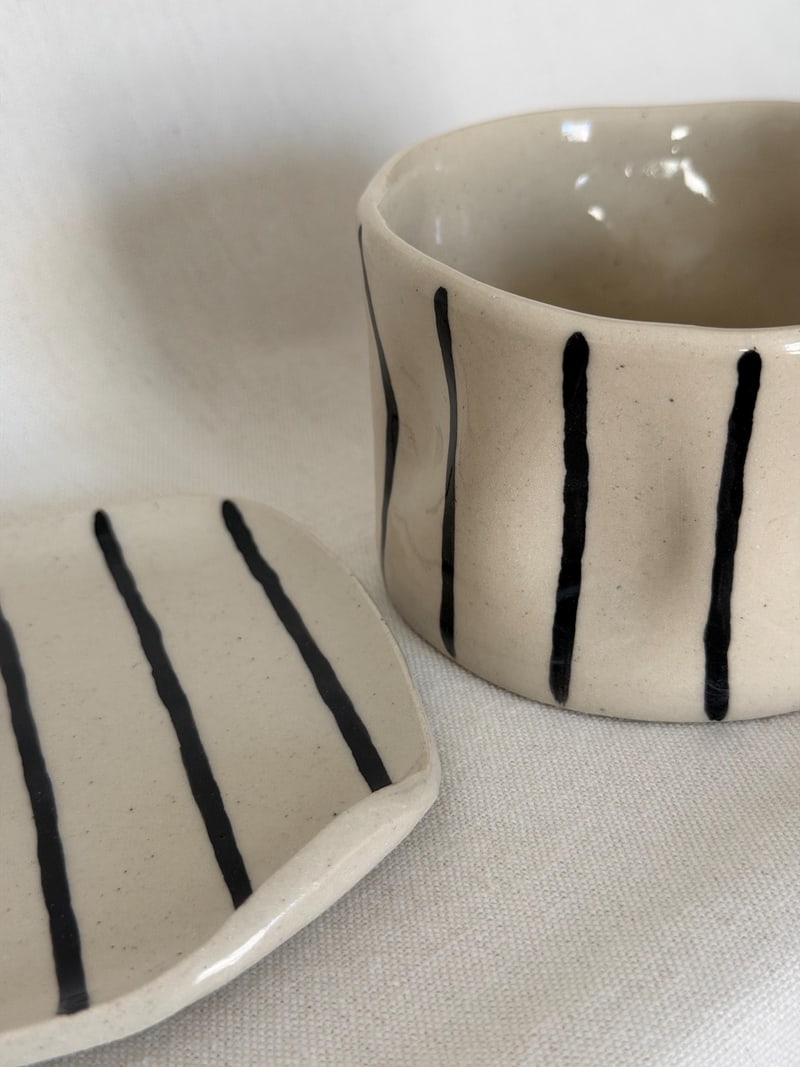 Striped coffee cup, a handbuilt ceramic cup, 10 oz