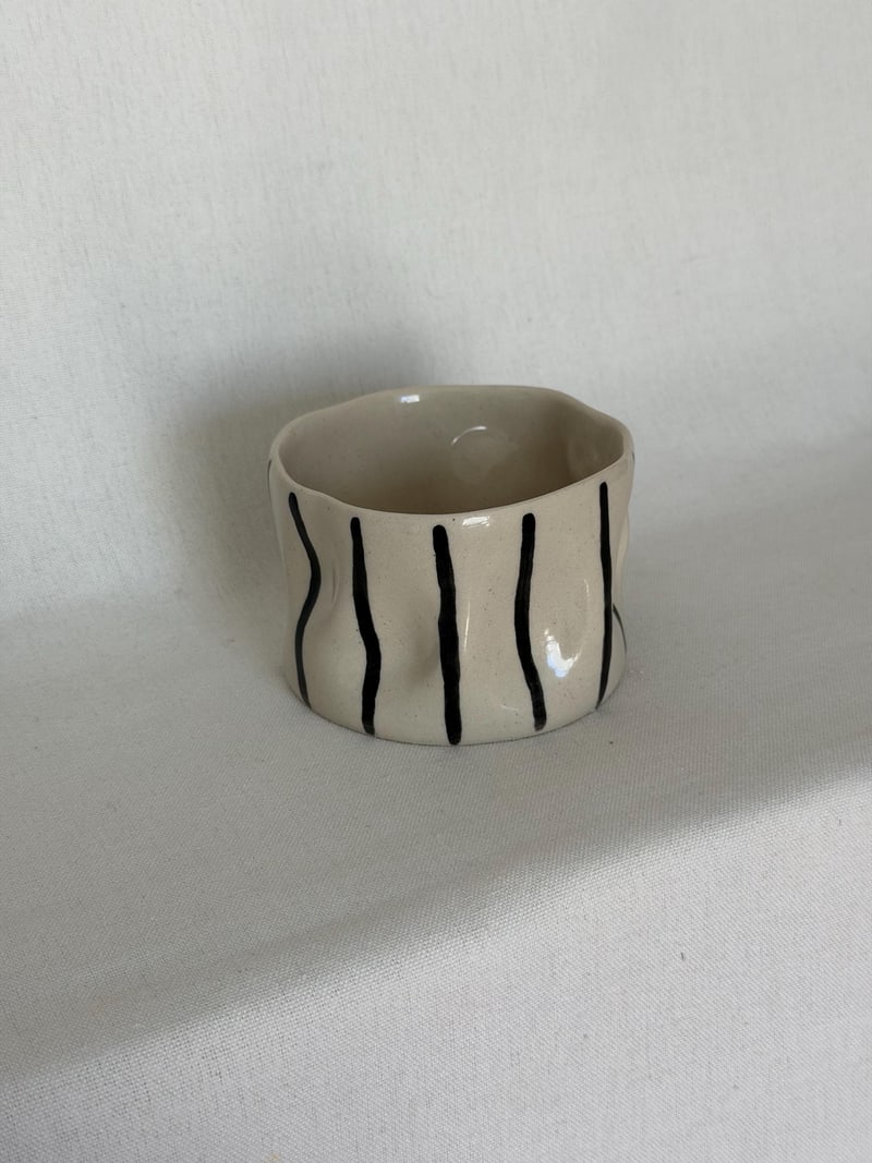 Striped cup, a handbuilt ceramic cup with dark brushed stripes under a clear gloss, 10 oz
