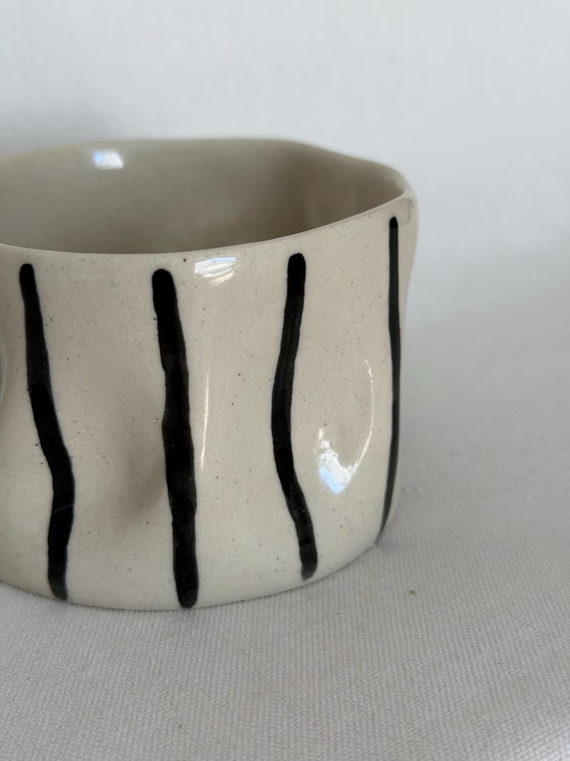 Striped cup, a handbuilt ceramic cup with dark brushed stripes under a clear gloss, 10 oz