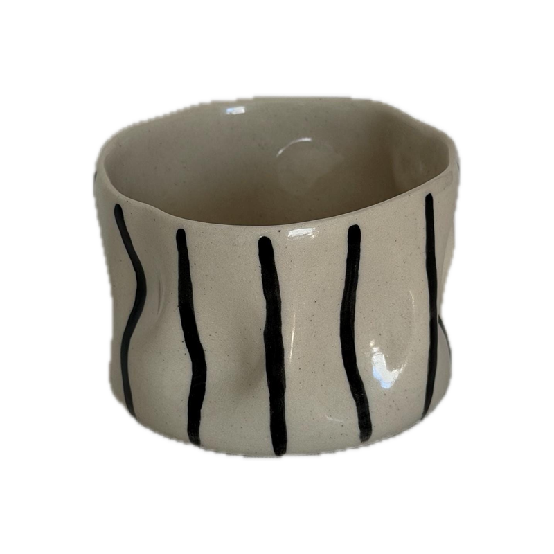 Striped cup, a handbuilt ceramic cup with dark brushed stripes under a clear gloss, 10 oz